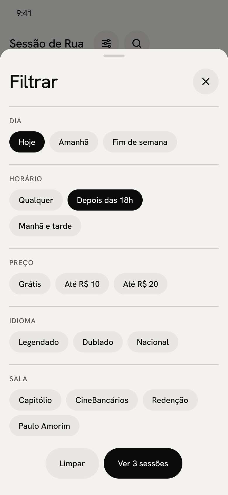 Filtros em folha: dia, horário, preço, idioma e sala, com Hoje e Depois das 18h marcados e o botão Ver 3 sessões