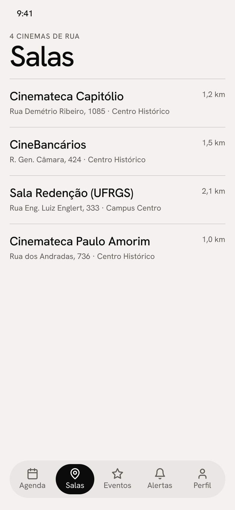 Lista das quatro salas, com o endereço e a distância de cada uma