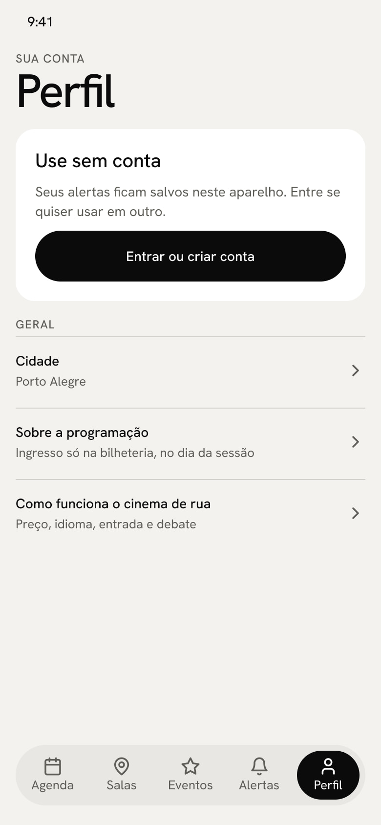 Perfil: use sem conta e ajustes gerais, como cidade e como funciona o cinema de rua