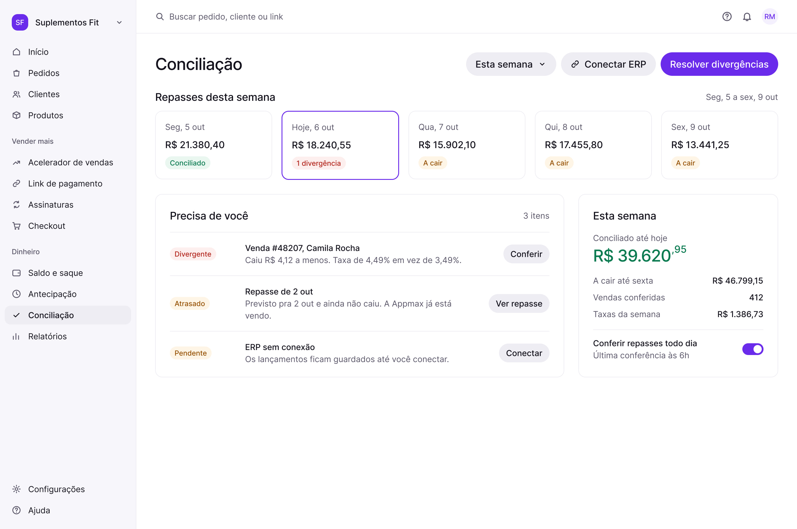 Conciliação, visão do dia: repasses da semana, o que precisa de você e o resumo da semana