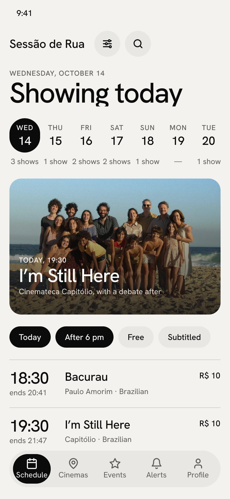 Today’s schedule: a strip of days with how many screenings there are each day, a featured film, quick filters and a list of screenings with the time highlighted and the cinema’s name