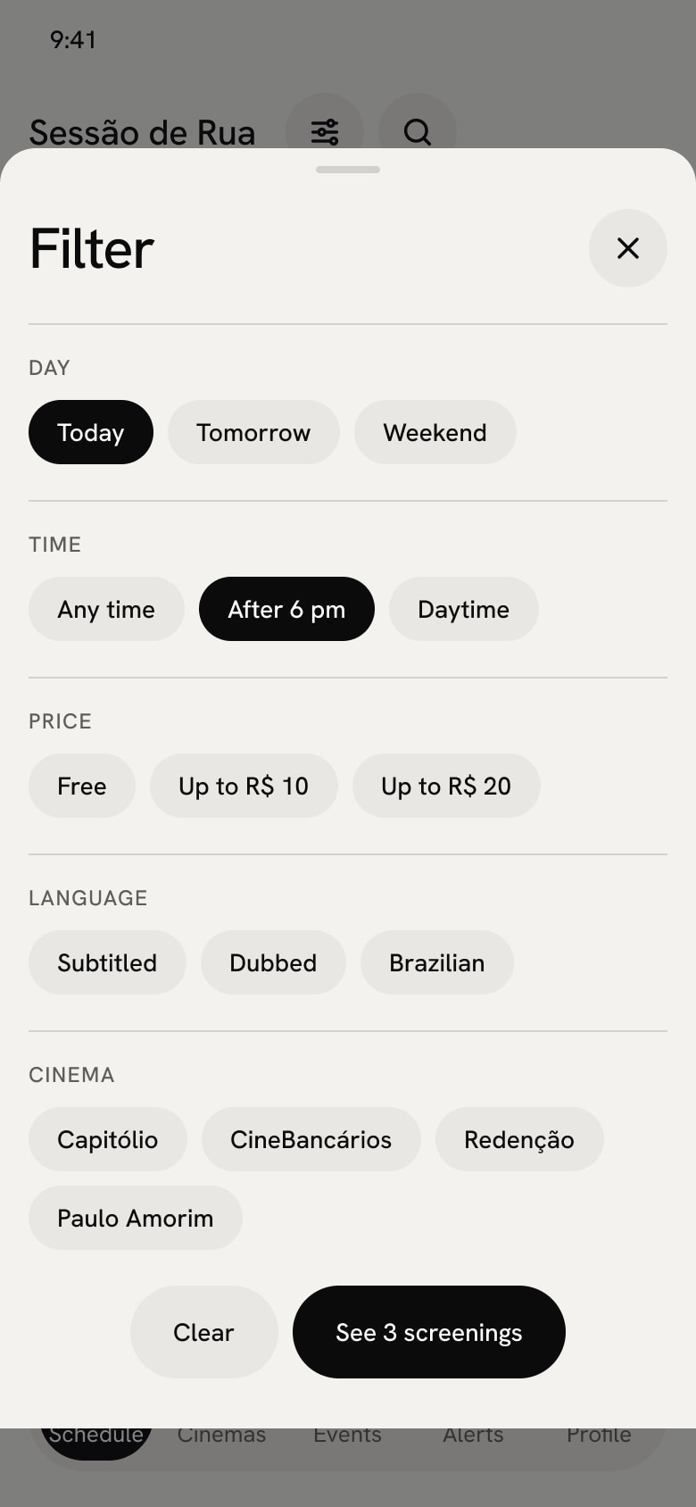 Filters in a sheet: day, time, price, language and cinema, with Today and After 6 pm selected and the button See 3 screenings
