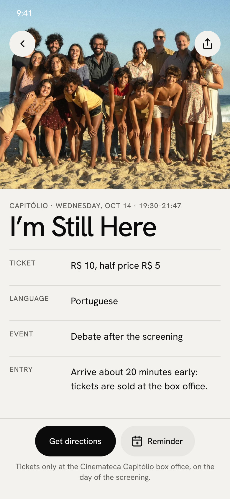 Screening details: photo at the top, cinema and time, ticket, language, event, entry, the Get directions button, the Reminder button and a note that tickets are only sold at the box office, on the day
