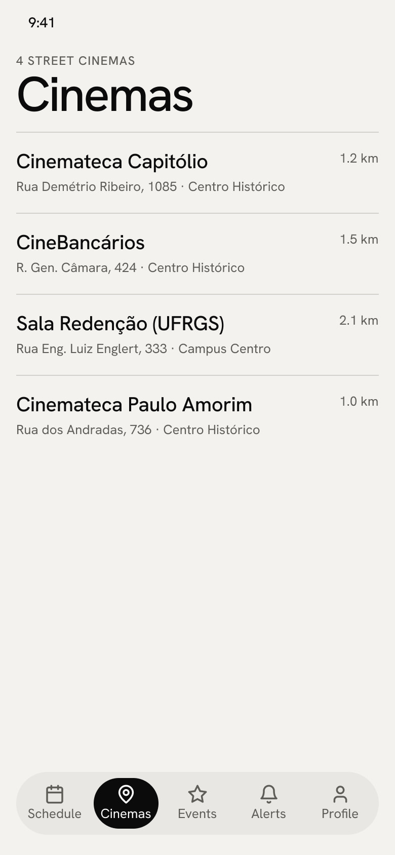 List of the four cinemas, with each one’s address and distance
