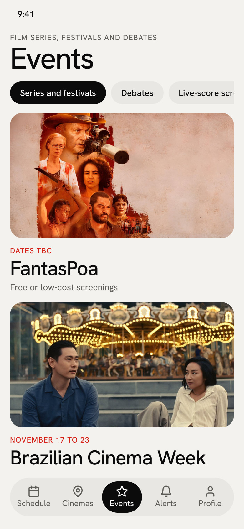 Special events: film series and festivals with a photo, dates and a one-line description