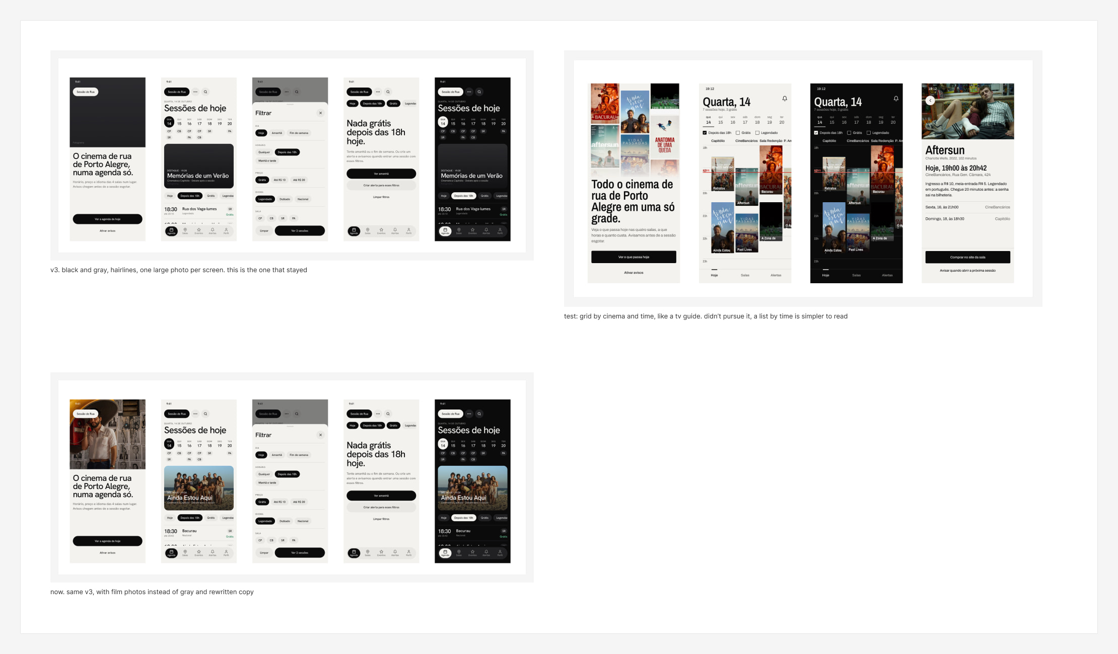 Three layout versions: v3 in black and gray, a grid test by cinema and time and the current version with film photos