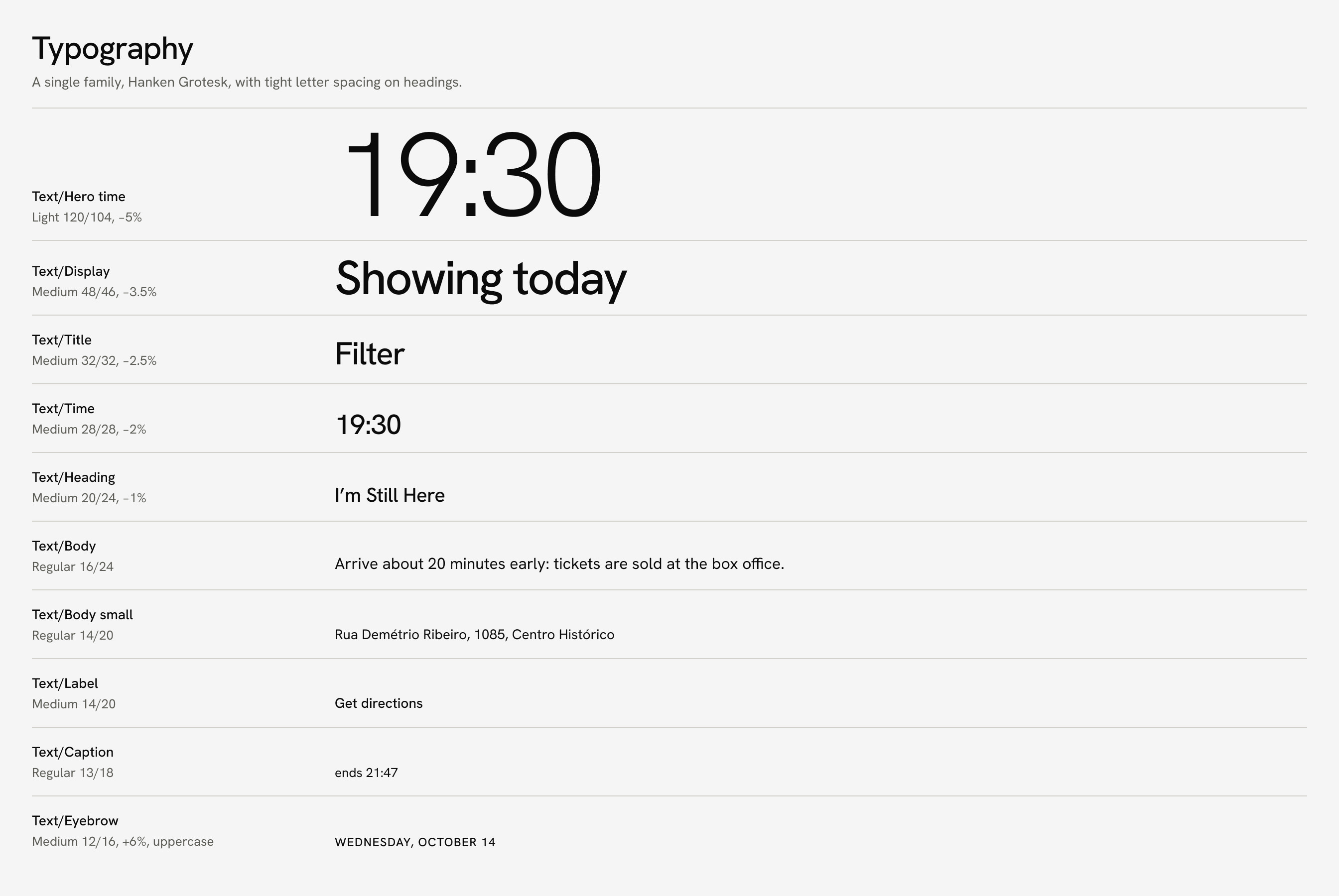 Hanken Grotesk type scale, from 120 for the highlighted time to 12 for labels, with an example of each style