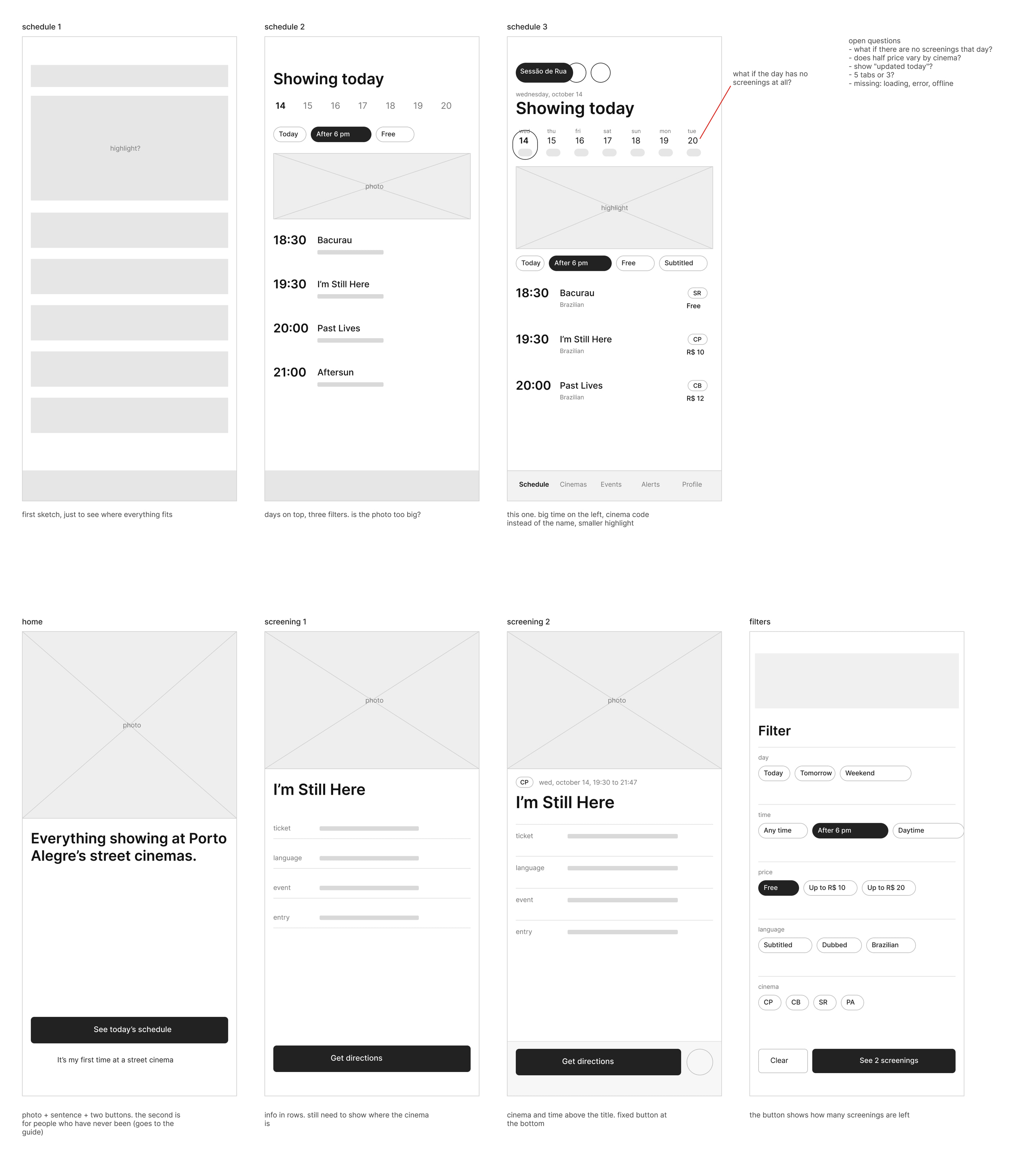 Gray wireframes: three versions of the schedule, the home screen, two versions of the screening and the filters, each with a short note underneath, and a list of open questions alongside
