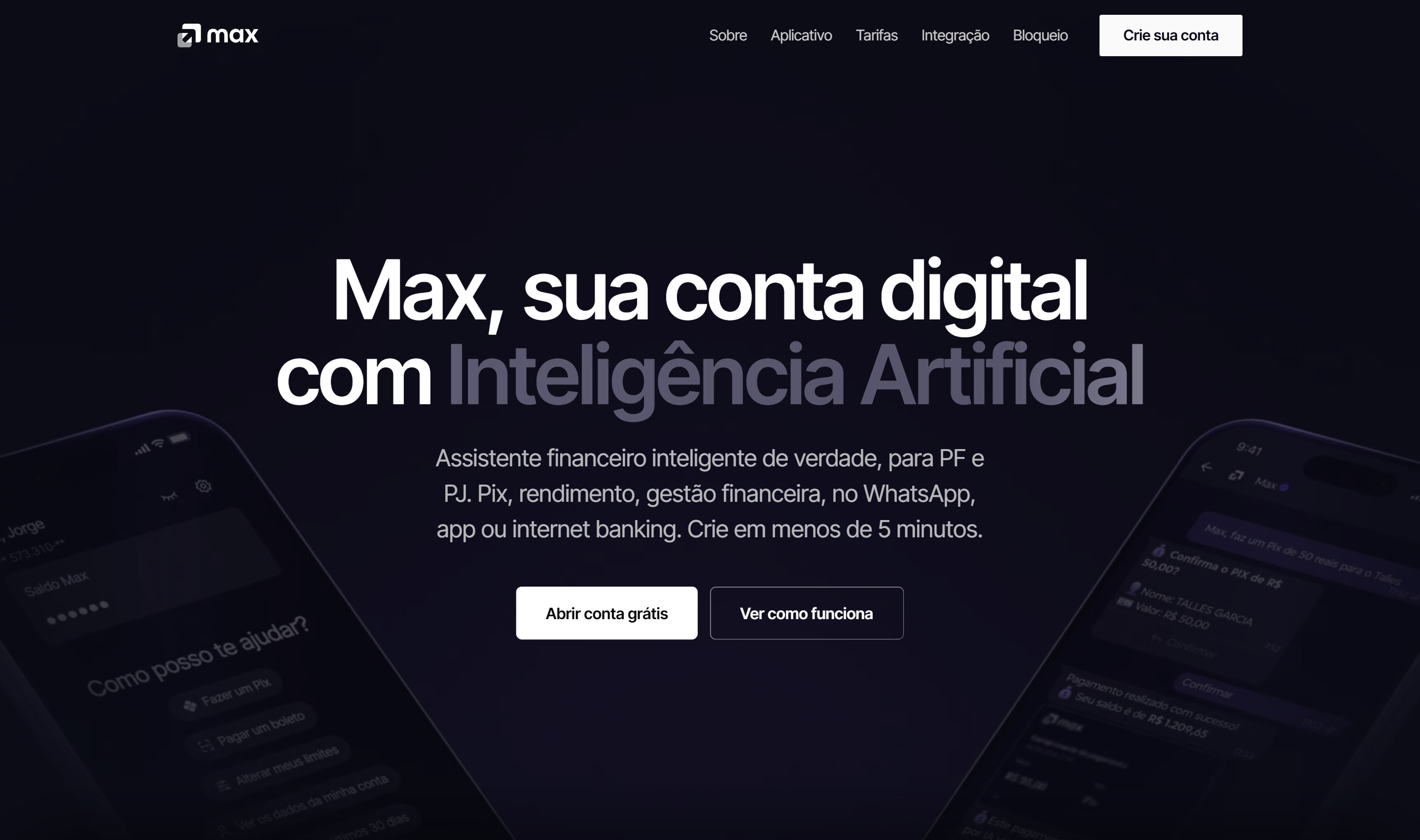 Top of the new Max homepage, with the centered headline and phones in the background. In Portuguese