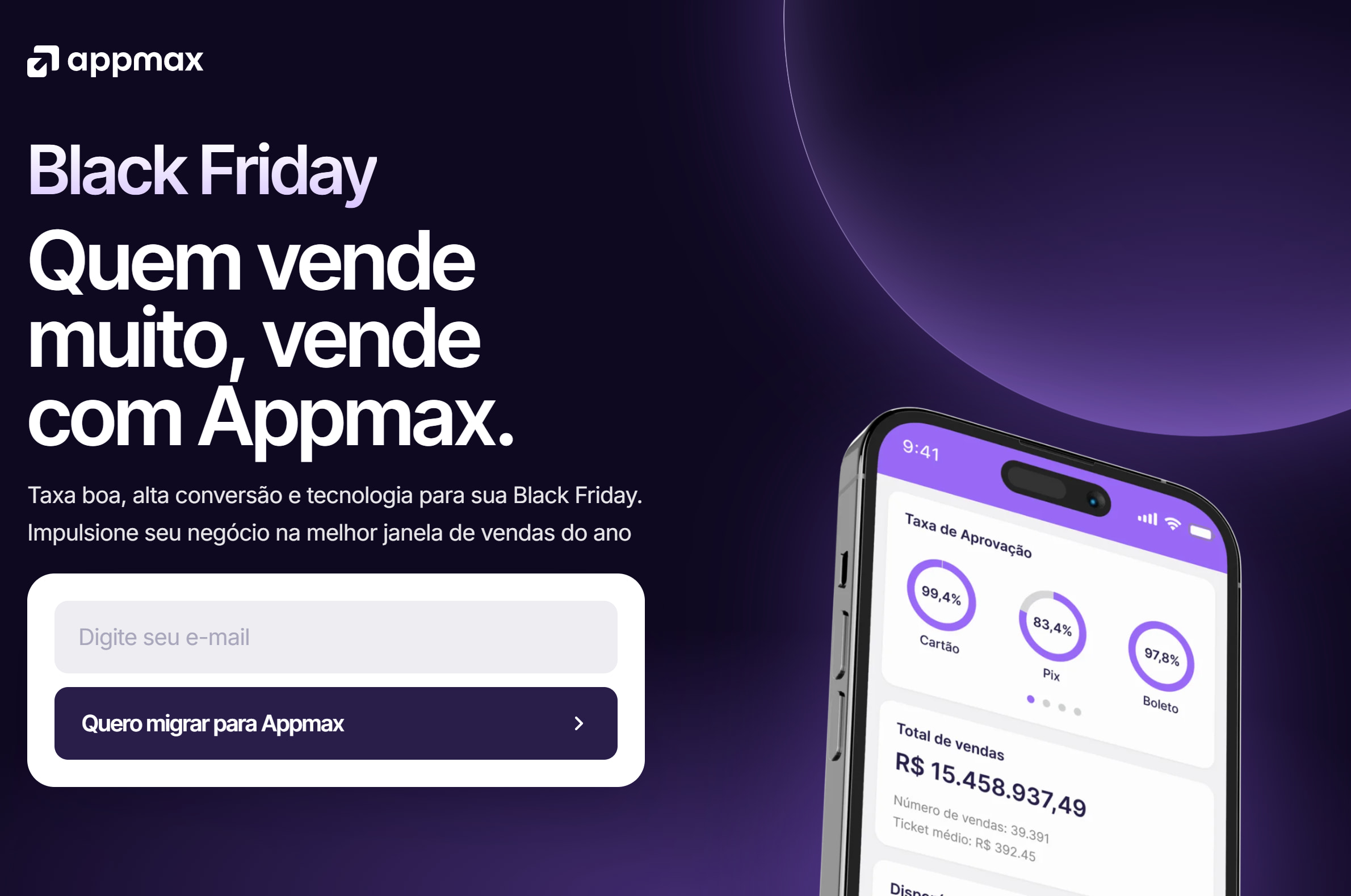 Topo da landing page de Black Friday, com título, campo de e-mail e celular com a taxa de aprovação