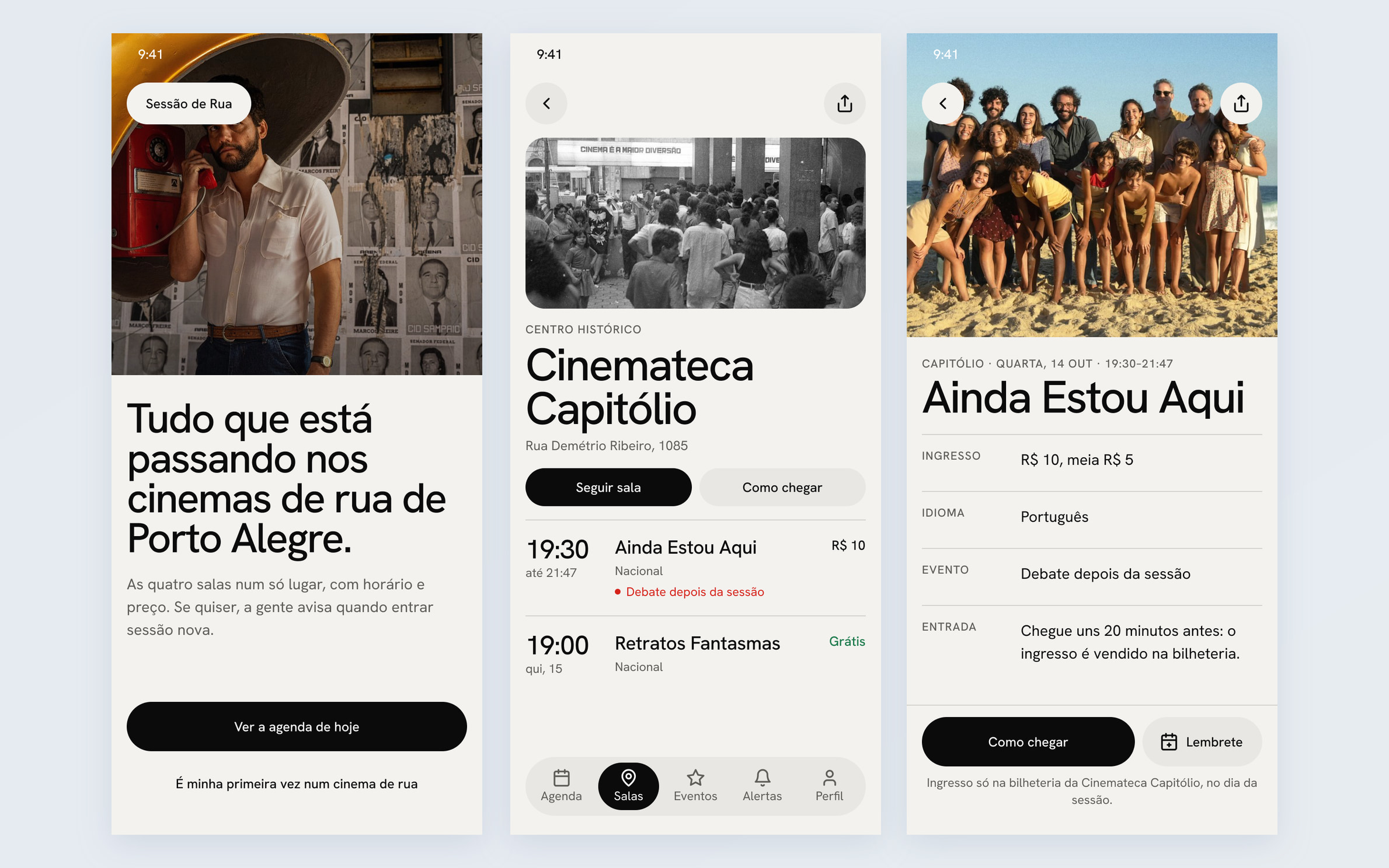 Três telas do app Sessão de Rua: boas-vindas, a página da Cinemateca Capitólio e o detalhe de uma sessão