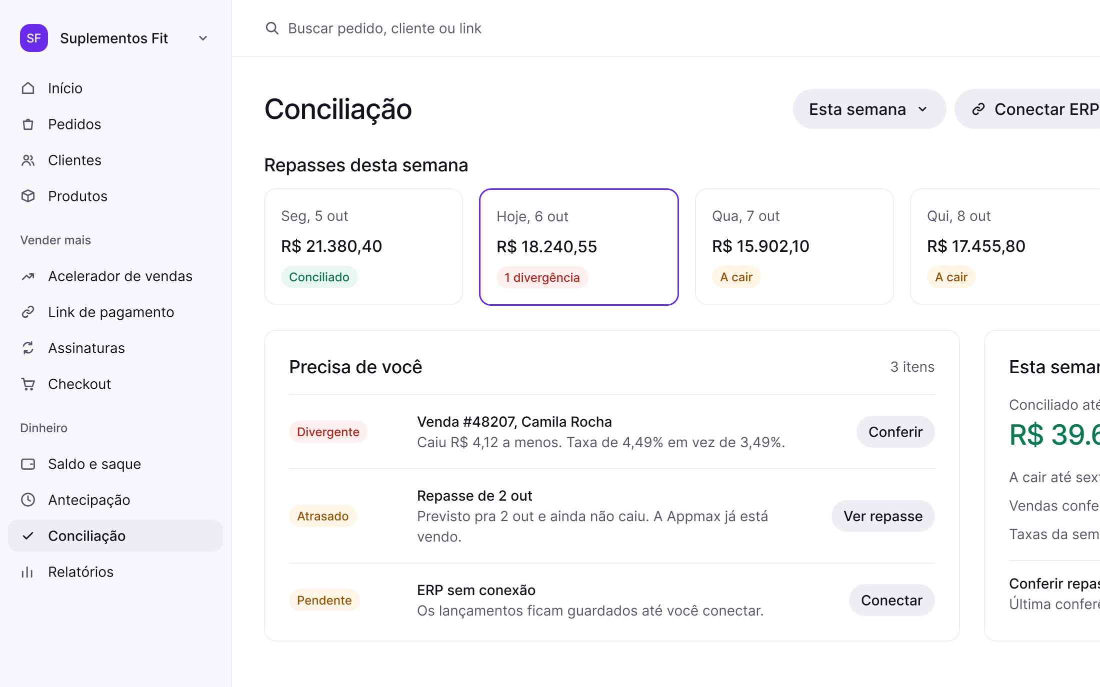 Visão do dia da Conciliação, um produto fictício feito com o design system: repasses da semana, pendências e o resumo da semana