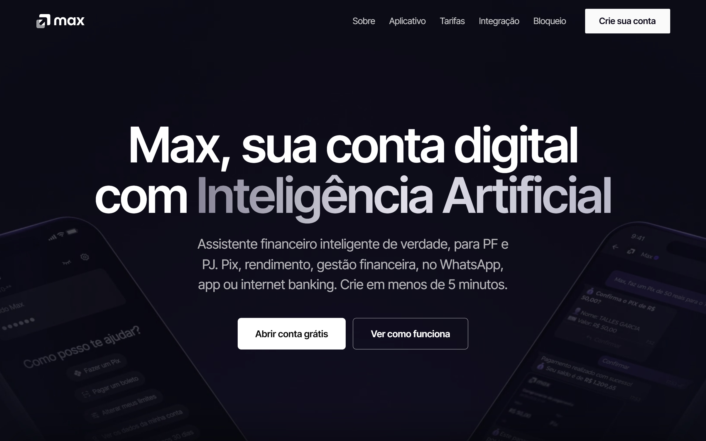 Topo da home do Max, com o título Max, sua conta digital com Inteligência Artificial