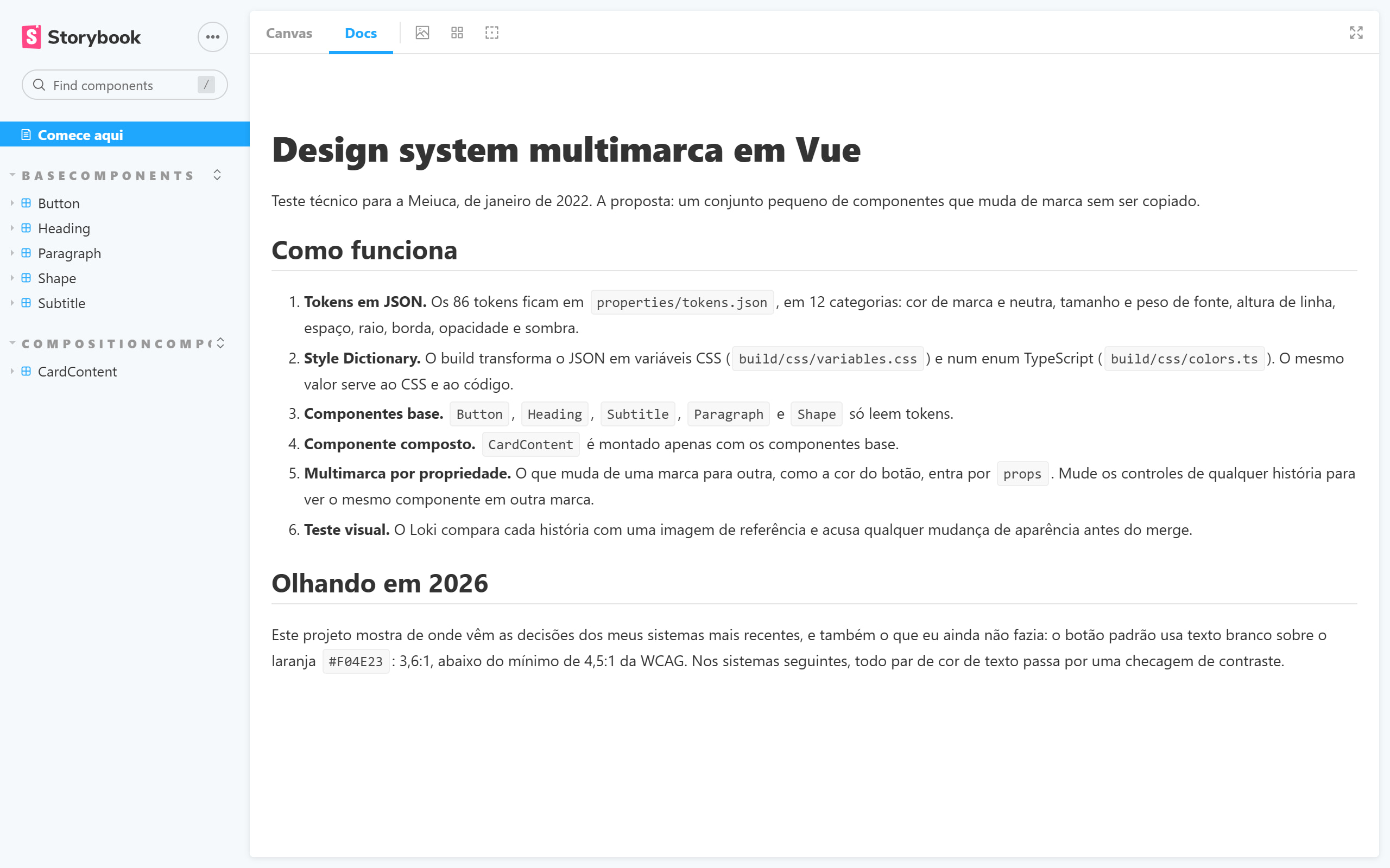 Storybook do design system multimarca em Vue, com a lista de componentes e a página Comece aqui